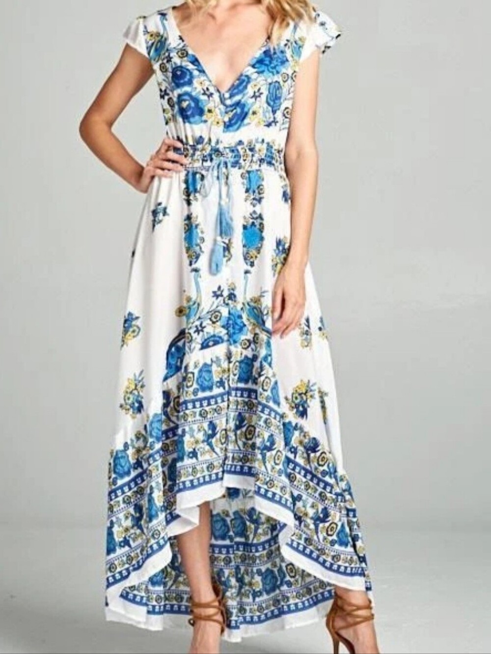SHEIN EURO White Blue Floral Peacocks Smocked Button Down Fairy Maxi Dress M